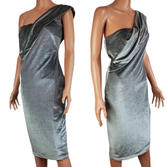NWT Likely velvet pewter driggs strapless one shoulder midi dress gray size 4 - Picture 4 of 16